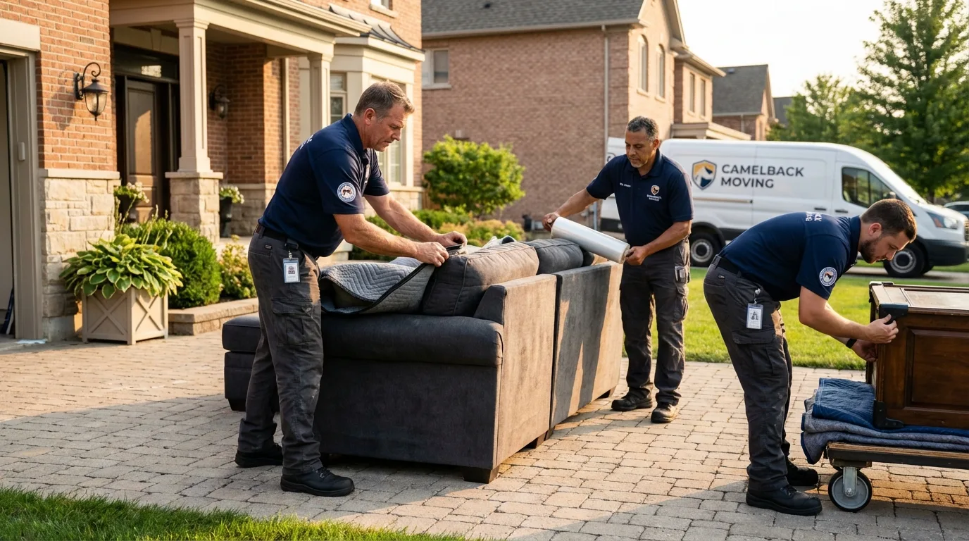 Large estate moving crew wrapping furniture in English, IN