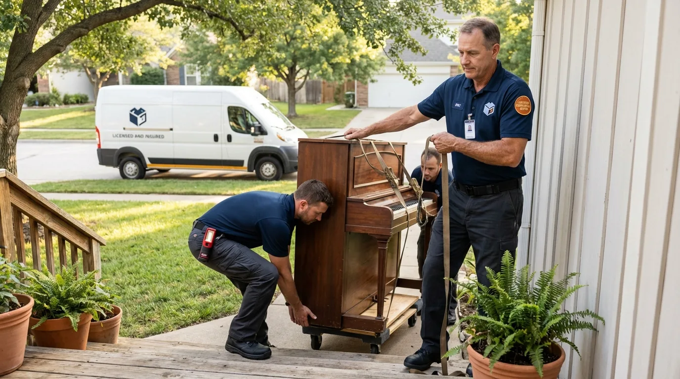 Licensed piano movers securing grand piano in English, IN