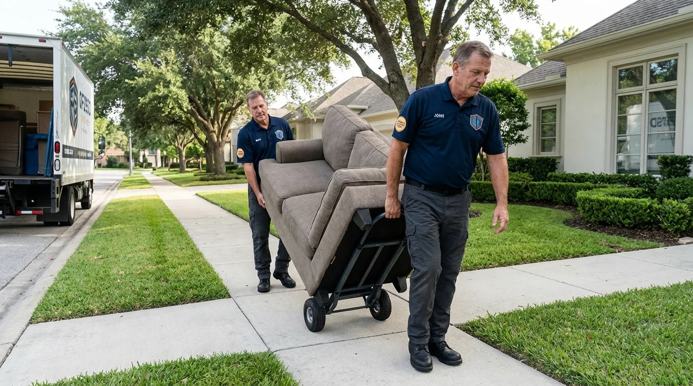 Local residential moving crew loading furniture in English, IN
