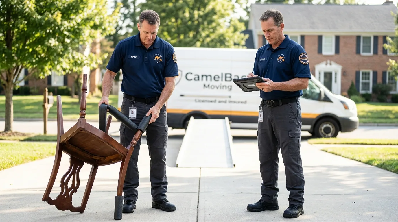 Movers inspecting furniture for damage prevention before loading in English, IN