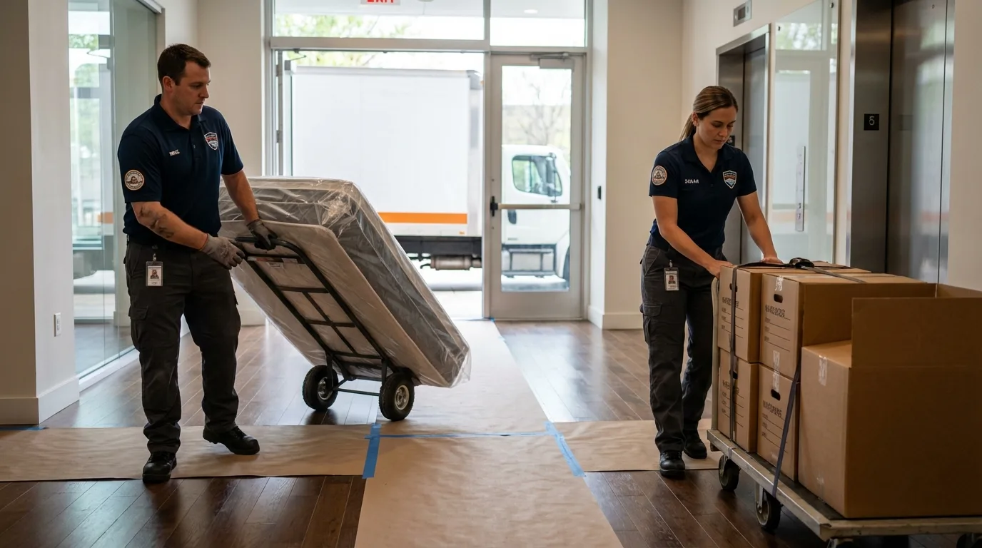 Professional apartment movers loading elevator in English, IN