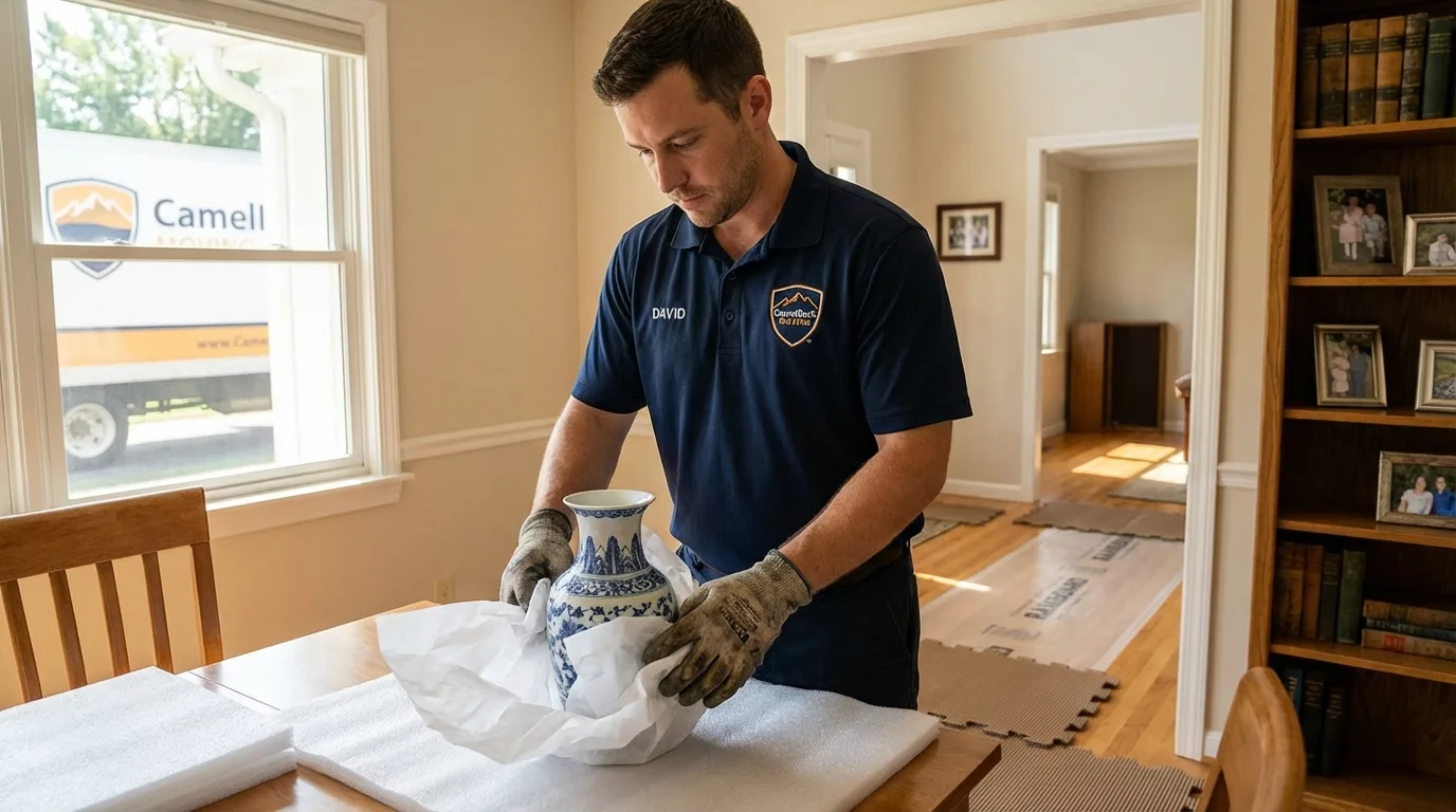 Professional crew carefully wrapping antique vase for senior downsizing move in English, IN