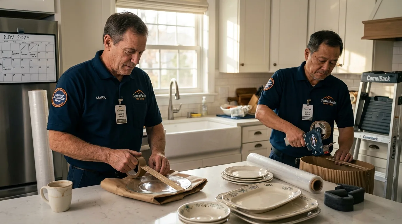 Professional crew packing kitchen dishware in English, IN